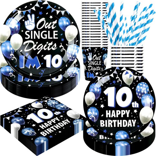 BOIKOKY 10th Birthday Decorations for Boys, 10 Year Old Boy Birthday Decorations Party Supplies, 120Pcs Double Digits Happy 10th Birthday Includes Paper Plates, Napkins, Cups and Straws | Serves 24