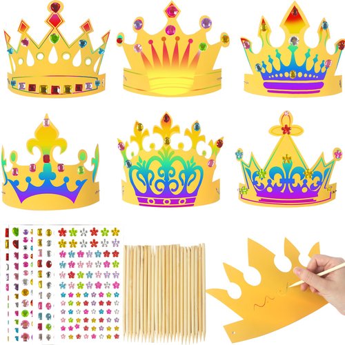 24 Sets Paper Crowns for Kids to Decorate Scratch DIY Paper Crown Craft Kit Adjustable Gold Paper Crowns Decorating Kit for Party with Gem Jewels Stickers Wooden Sticks Elastic Bands, for Kids&Adults