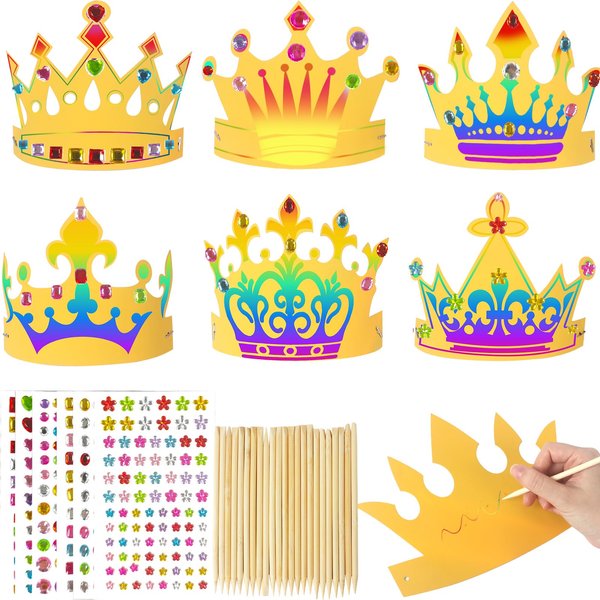 24 Sets Paper Crowns for Kids to Decorate Scratch DIY Paper Crown Craft Kit Adjustable Gold Paper Crowns Decorating Kit for Party with Gem Jewels Stickers Wooden Sticks Elastic Bands, for Kids&Adults