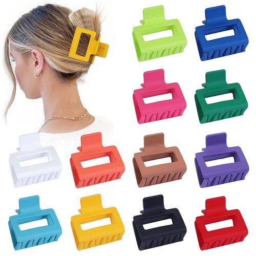 Sisiaipu 2 Inch Medium Hair Claw Clips 12 Pcs Square Hair Clips for Thin Hair Matte Nonslip Acrylic Banana Jaw Clips Bulk Hair Accessories for women and Girls - Dopamine