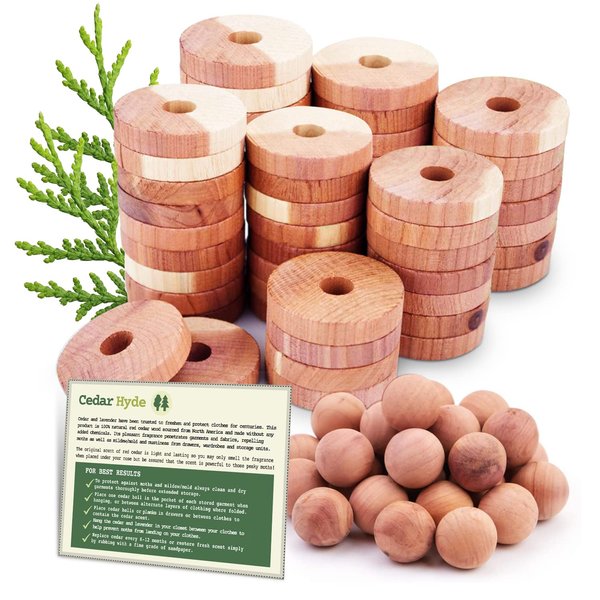 Cedar Hyde Cedar Blocks for Clothes Storage | Cedar Balls & Cedar Rings | Dresser Drawer Freshener Odor Eliminator | 40 Pieces, 30 Cedar Rings & Bonus 10 Cedar Balls, U.S.A Seller