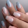 Coffin Press on Nails Short Fake Nails with Marble Designs Acrylic Nails Press ons Glossy Glue on Nails Light Blue Full Cover Artificial Stick on Nails for Women 24Pcs