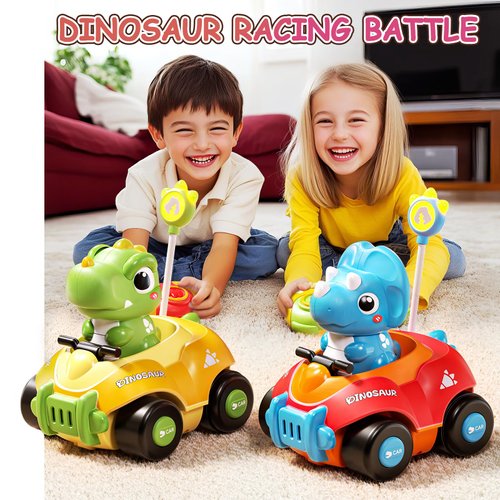 Uregoio 2 Pack Remote Control Cars for Toddlers 1-3, Dinosaur Car for Kids Age 2-4, Babies Toys for 18+Months, RC Car with LED Lights & Music, Boys and Girls Christmas Birthday Gifts 2 3 4 5 Years Old