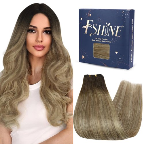 Fshine Ombre Weft Hair Extensions Human Hair 18 Inch Dark Brown Fading to Light Brown and Golden Blonde Sew in Remy Hair Extensions Soft Weft Hair Extensions Full Head 100g One Piece
