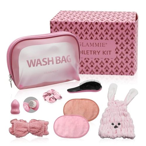 GLAMMIE Travel set with Makeup Bag, Hair Drying Towel, Facial Scrubber, Makeup Remover Wash Cloths, Hair brush, Face Wash Headband, Satin Scrunchies, this set is women's makeup, hair care, fitness...