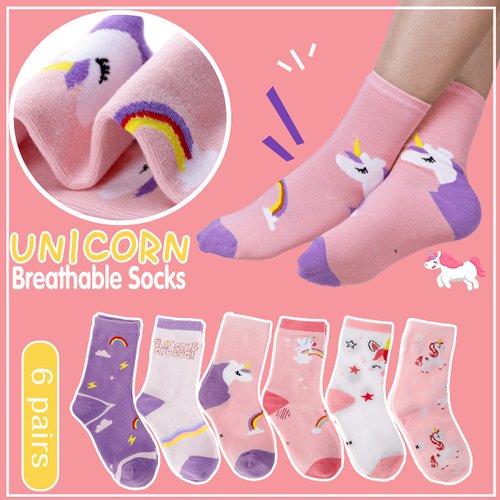 WELSOX Girls Kids Unicorn Socks Cute Fun Crew Fashion Funny Gifts Novelty Stocking Stuffers Soft Cotton Socks 6 Pairs(Unicorn,3-5 Y)