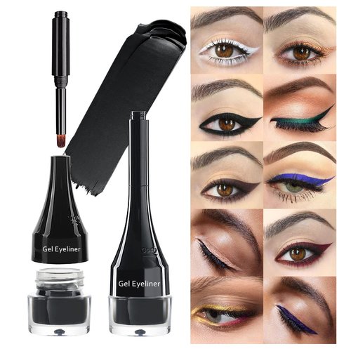 LSxia 2-in-1 Gel Eyeliner Set, Tattoo Eyeliner Waterproof Smudge Proof Eyeliner Gel Eye-liner Pot Cream Eyeliner Tool with Gel Liner Brush, High Pigment Eye Makeup Gel Eye-liners for Women (Black)
