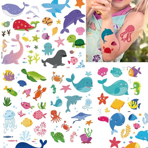 Temporary Tattoos for Kids, Waterproof Body Stickers, 160pcs Fake Tattoo Stickers Pattern, Cute Tattoo Decorations, Birthday Party Favor Supplies Decor for Boys Girls Children Toddler Teens 10 Sheets Ocean