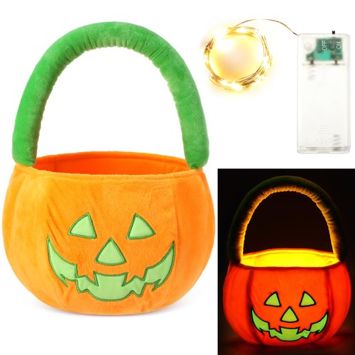 Teenyyou Halloween Baskets Plush Toy Halloween Ghost Pumpkin Black Cat Glow in the Dark Candy Bucket Bag Glow Candy Holder for Halloween Party Favors Gifts(Pumpkin)