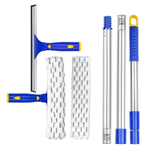 ITTAR Window Cleaner Rotatable Squeegee and Microfiber Scrubber with Extendable 3 Section Stainless Steel Pole,Window Cleaning Tool with 2 Microfiber Pads for Shower Glass Door,Car Windshield