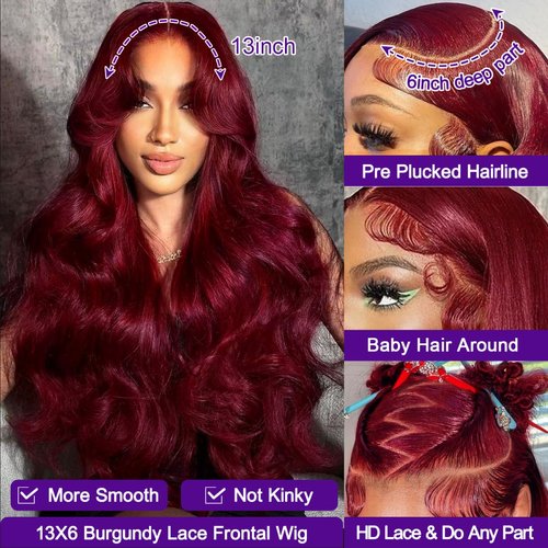 Diwionte 99J Burgundy Lace Front Wigs Human Hair 13x6 HD Body Wave Lace Frontal Wigs Human Hair Pre Plucked with Baby Hair 99j Red Wine Glueless Human Hair Wigs for Women 26 Inch