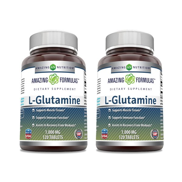 Amazing Formulas L Glutamine 1000 mg Tablets | Amino Acid Supplement for Men & Women | Non-GMO | Gluten Free (2 Pack, 120, Count)