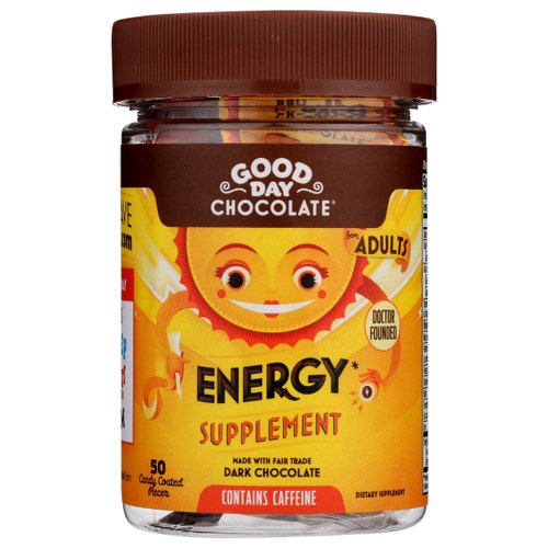 Good Day Chocolate Energy Supplements for Adults [50 Count] Fair Trade Caffeine Chocolate with B-Vitamins, Green Tea Extracts and 20 mg Caffeine Per Piece - Energy Booster for Women and Men