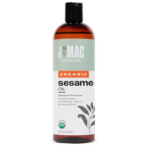 J Mac Botanicals, Organic Sesame Oil (16 oz Plastic Bottle), Cold-Pressed, Organic Sesame Oil for Skin, ayurveda Body Oil for Massage, Organic & Unrefined Ayurvedic Oil for Skin, Hair, Oil Pulling
