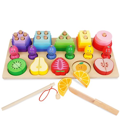 Agirlgle 3 in 1 Montessori Toys Wooden Shape Sorting & Stacking Toys Cutting Play Food Toy Fishing Game ，Color Shape Sorter Puzzles Educational Learning Toy Fine Motor Skills Geometric Stacker Blocks