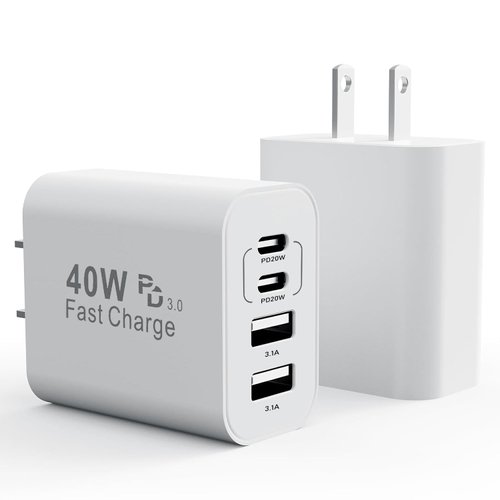 USB C Wall Charger, 40W 4-Port Fast Charging Block, Dual Port QC+PD 3.0 Power Adapter Multiport Wall Plug Type C Brick for iPhone 16 15 14 Pro Max 13 12 11 XS XR 8 7 Plus, Samsung, Cube Charger-2 Pack