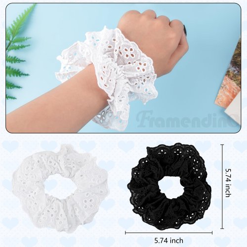 Framendino, 2 Pack White Lace Fabric Ponytail Holder Hair Ties Oversized Mesh Hair Scrunchies for Women (Black, White)