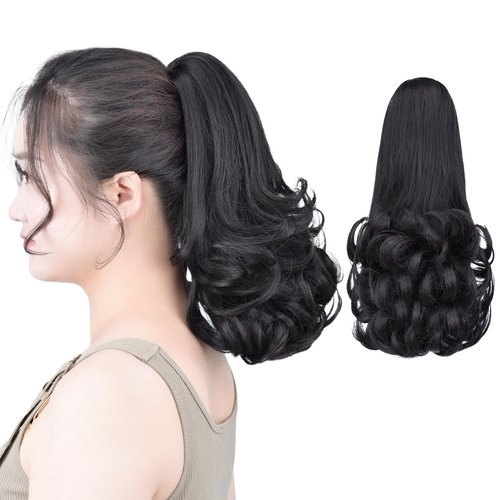 Black ponytail extensions,Claw Clip Ponytails Fake Hair Extension 12in Curly 3.8 OZ Hair pieces SYXLCYGG Wig Synthetic Fluffy¬ Tangled