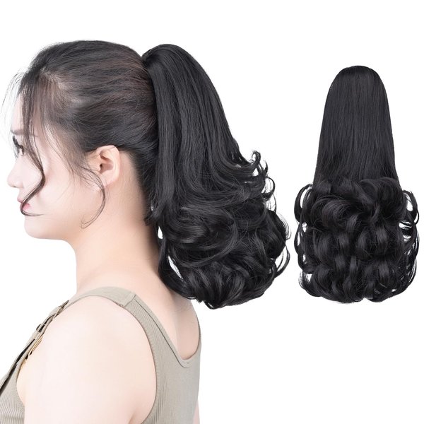 Black ponytail extensions,Claw Clip Ponytails Fake Hair Extension 12in Curly 3.8 OZ Hair pieces SYXLCYGG Wig Synthetic Fluffy¬ Tangled