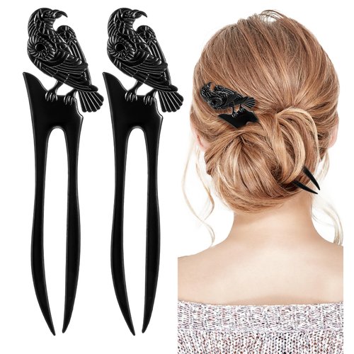 Metal French Hair Pin, 2 Pcs 6.3 Inch Witchy Hair Accessories, Hair Stick Pin with Hair Forks for Thick Hair, Hair Sticks for Long Hair, Spooky Gothic Viking Hair Accessories for Women Girls, Black