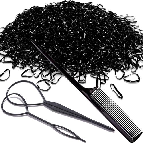 2500 PCS Hair Bands, Elastic Hair Band, Mini Hair Rubbers Ties with 2 PCS Topsy Tail Hair Tools for Girls Ponytail Hair Accessories, Soft Elastic Bands Non-Slip Small Hair Ties Black.