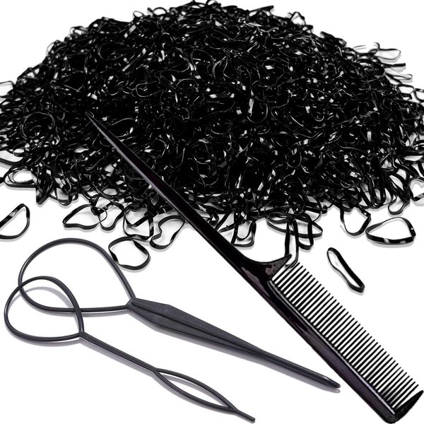 2500 PCS Hair Bands, Elastic Hair Band, Mini Hair Rubbers Ties with 2 PCS Topsy Tail Hair Tools for Girls Ponytail Hair Accessories, Soft Elastic Bands Non-Slip Small Hair Ties Black.