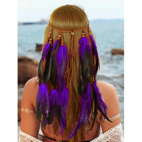 GORTIN Boho Feather Headband Hippie Headbands Indian Feather Headpiece Gypsy Festival Costume Headdress Hair Accessories for Women (Purple, Free size)