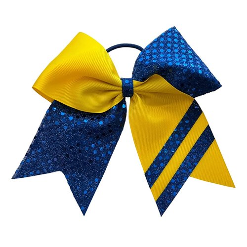 New "CONFETTI STRIPES Royal Blue Yellow Gold" Cheer Bow Pony Tail 7 Inch Girls Hair Bows Cheerleading Dance Practice Football Games Competition Birthday Tick Tock Grosgrain Ribbon