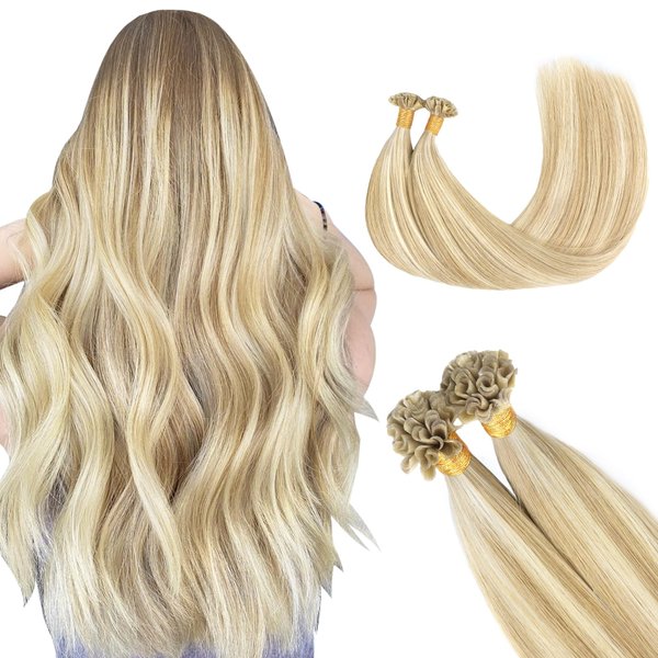 GOO GOO Utip Hair Extensions Real Human Hair, 22inch 50g 50S, Hot Fusion Keratin Hair Extensions, Invisible K Tip Hair Extensions, 18A/613A Dark Blonde Highlighted Bleach Blonde