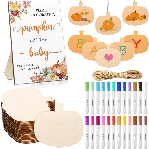 WinnerWhy 53 Pcs Pumpkin Baby Shower Decorations Autumn Baby Shower Games Kit Including Fall Sign,Wooden Pumpkins, Acrylic Paint Markers and Twines for Thanksgiving Gender Reveal Party Supplies