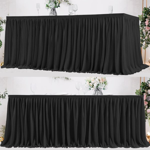 Partisky Black Polyester Table Skirt for Rectangle Tables 8ft, Wrinkle Resistant Pleated Ruffle Table Cloth for Banquet Wedding Trade Baby Shower Display Gift Dining Table