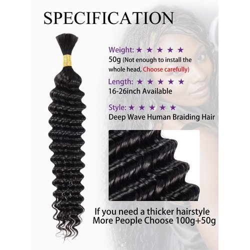 Human Braiding Hair Deep Wave Bulk Human Hair for Braiding 1 Bundle 50g 16 Inch No Weft 10A Brazilian Virgin Curly Human Hair Extensions for Boho Braids Wet and Wavy Human Hair Braiding Hair