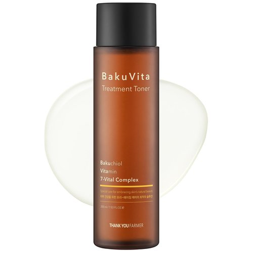 THANKYOU FARMER BakuVita Treatment Toner, Retinol Alternative Bakuchiol, Vitamin C+E Toner, Hydrating Toner, Slow Aging, Vegan Korean Toner for Face, 7.03 Fl oz (200ml)