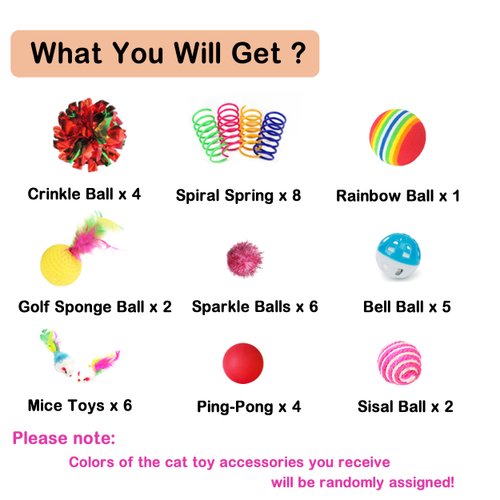 POSAPET 38 Pcs Cat Toy Kitten Toys Assortments, Interactive Cat Toy Balls with Bells, Including Furry Cat Toy Mice, Crinkle Ball, Sisal Ball and Ping-Pong for Cat Puppy Kitten