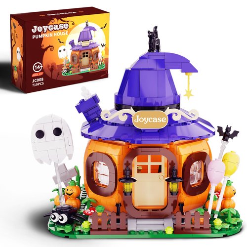 Halloween Pumpkin House Building Kit, Whimsical Halloween Building Set Décor with Adorable Ghost and Pumpkin Toys, Cute Halloween Party Gift, Halloween Building Bricks Compatible with Lego