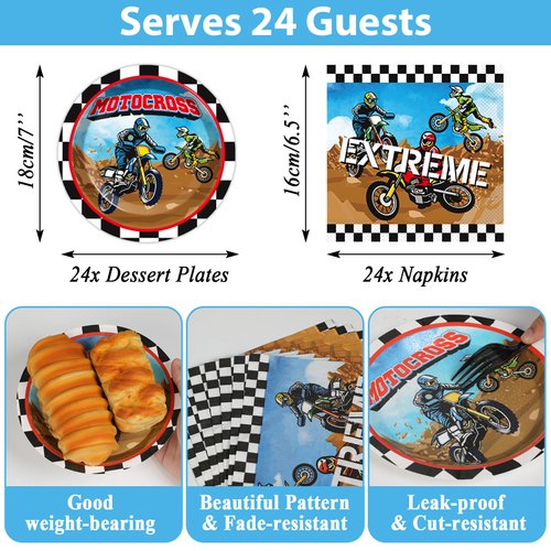Dirt Bike Birthday Party Supplies Serves 24 Motorcycle Party Paper Plates Napkins Set Motocross Dirt Bike Tablecloth Tableware Kit for Baby Shower Decorations Kids Boys Girls