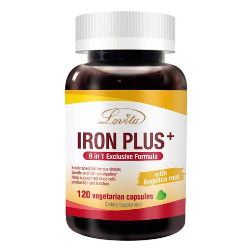 Lovita Iron 18 mg, 6 in 1 Iron Supplement for Women, Iron with Vitamin C, Dong Quai & B12, Vegan Iron Vitamin to Support Red Blood Cell Production Without Constipation, 120 Capsules