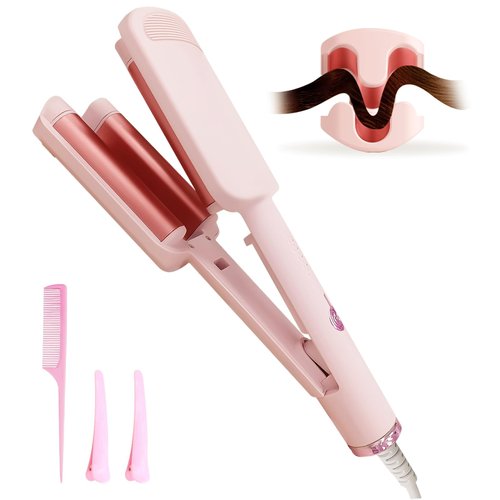 Deep Beach Waver Curling Iron Hair Crimper, Ionic Deep Waver Hair Curler Tool, Beach Waver Curling Wand, Hair Curler and Hot Tools Curling Iron with Ceramic 3 Barrel for Short Hair Women (Pink)