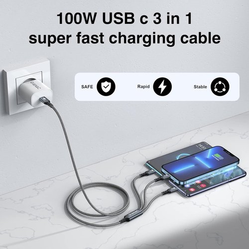 GIANAC 100W USB C Multi Charging Cable [1.2M] 3 in 1 Charging Cable with E-Mark Chip, USB C [100W]+Lightning[27W]+Micro[10W] for iPad Pro, iPad Mini, MacBook Pro/Air/iPhone14 13 12 11