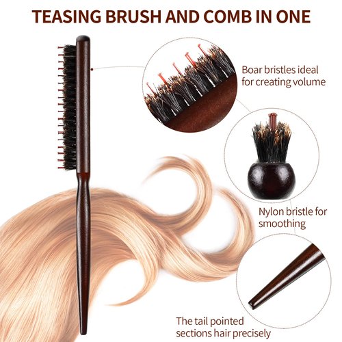 Patelai Hair Teasing Comb Set - 3 Pieces Includes 2 Nylon Triple Teasing Combs and Boar Bristle Teaser Brushes for Women and Men Stylist - Backcombing Slicking Curly Thick Wet Hair(Black)