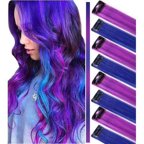 ECOCHARMS 8PCS Princess Party Highlight Clip in Colored Hair Extension Costumes Wig for Girls(Purple&Blue)