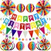 PatiCool Happy Birthday Party Decorations Pack with Rainbow Happy Birthday Banner, Honeycomb Balls, Circle Dot Garland, Paper Bunting Banner, Paper Fans and Hanging Swirls Streamers