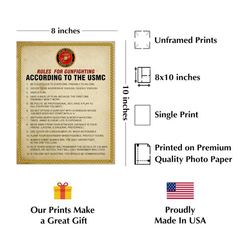 Rules For Gun Fighting - USMC Wall Decor Print, Patriotic Military Wall Art, Veterans Office Decor, Home & Classroom Decor - 8x10" Unframed Wall Art Poster for Military Enthusiasts