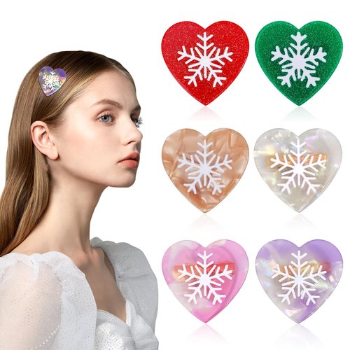 KesaPlan Christmas Heart Hair Clips, 6PCS Heart Snowflake No Bend Hair Clips, X-mas Heart Creaseless Hair Clips, Flat Duckbill Hair Barrettes for Women Girls Teens Makeup Hairstyle
