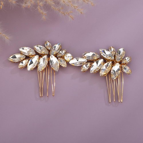 Teyglen Rhinestone Wedding Hair Comb Gold Crystal Headpiece for Bride Wedding Crystal Hair Side Comb Bridal Crystal Hair Piece Rhinestone Hair Accessories for Women Girls (Gold)