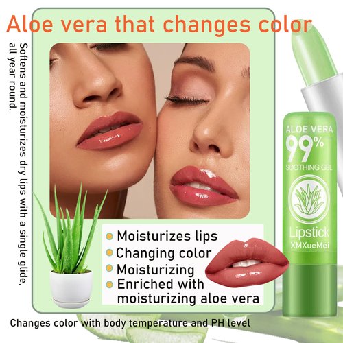 XMXueMei 4PCS Aloe Vera Lipstick,Color Changing Lipstick,Moisturizing Magic PH Jelly Lipstick Set for Women,Tinted Lip Balm Long Lasting Waterproof Color Change Lip Gloss Makeup