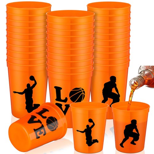 Zhehao 30 Pcs Sport Ball Plastic Cups Hockey Football Basketball Plastic Cups Bulk Reusable Drink Cups 16 oz Stadium Cups Stackable Sports Cup for Sport Party Supplies (Orange,Basketball)
