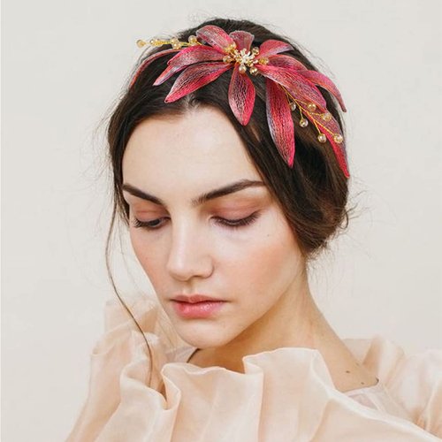 Formery Copper Wire Flower Headband Red Crystals Floral Metal Hairband Party Prom Festival Handmade Woven Brass Wires Leaves Beads Headpiece Hair Accessories for Women and Girls