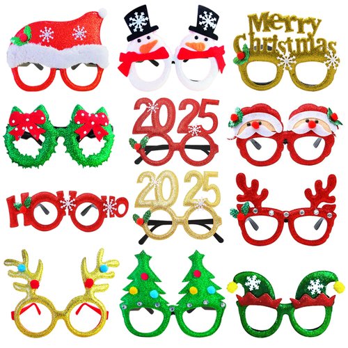 Listenman 12 Pack Christmas Glitter Glasses Christmas Party Decorations, 2025 Funny Costume Christmas Eyeglasses Party Glasses Frame for Christmas Holiday Party Favor Supplies, Assorted Styles