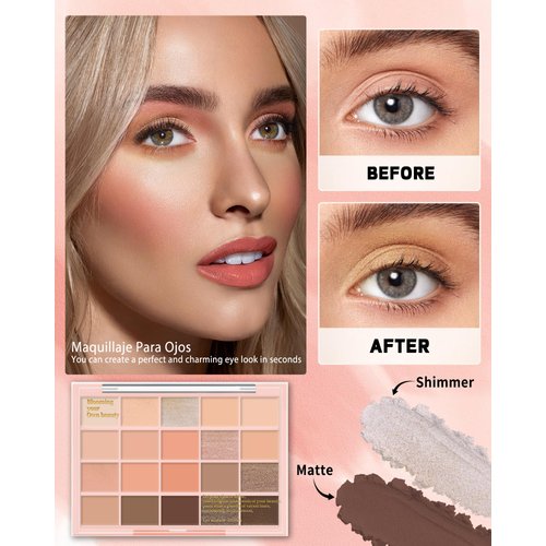 20 Colors Eyeshadow Palette, Ultra-Fine Lightweight Powder, High Pigmented Blendable Shimmer Long Lasting Matte Eye Shadow, Nude Coral Brown Travel Size Eyeshadow Makeup Palette, Sombras Para Ojos-03